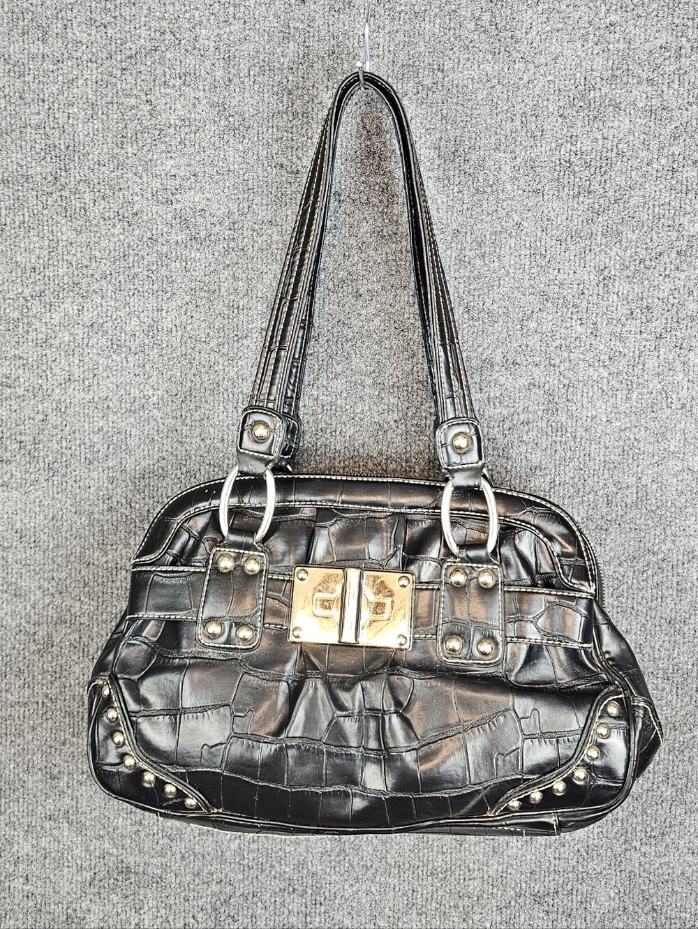 VINTAGE Y2K Kathy Van Zeeland Faux Croc Studded Shoulder Bag Purse- Black